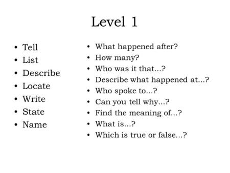 Level 1 Tell List Describe Locate Write State Name What happened after? How many? Who was it that...? Describe what happened at...? Who spoke to...? Can.