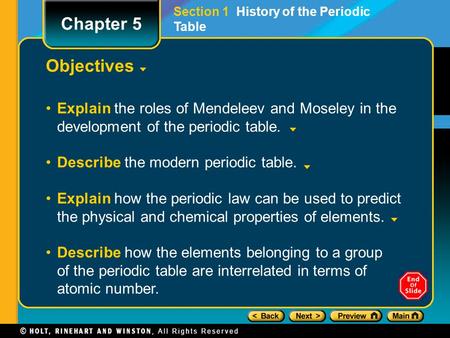 Objectives Explain the roles of Mendeleev and Moseley in the development of the periodic table. Describe the modern periodic table. Explain how the periodic.