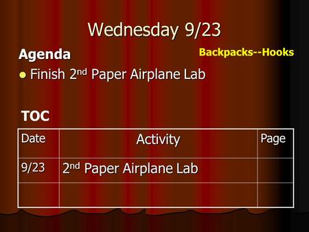 Wednesday 9/23 Agenda Finish 2 nd Paper Airplane Lab Finish 2 nd Paper Airplane Lab DateActivityPage 9/23 2 nd Paper Airplane Lab TOC Backpacks--Hooks.