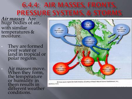 Air masses Are huge bodies of air, with similar temperatures & moisture. They are formed over water or land in tropical or polar regions. Air masses move.