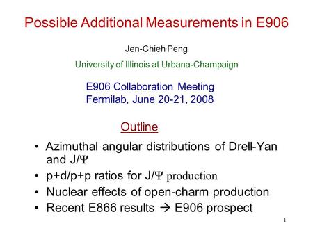 1 Possible Additional Measurements in E906 Azimuthal angular distributions of Drell-Yan and J/ Ψ p+d/p+p ratios for J/ Ψ production Nuclear effects of.
