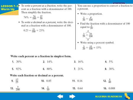 ALGEBRA READINESS LESSON 7-2 Warm Up Lesson 7-1 Warm-Up.