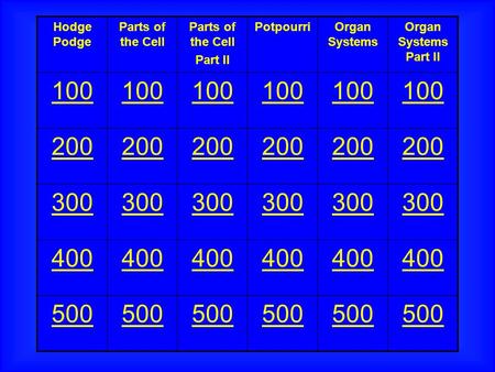 Hodge Podge Parts of the Cell Part II PotpourriOrgan Systems Organ Systems Part II 100 200 300 400 500.