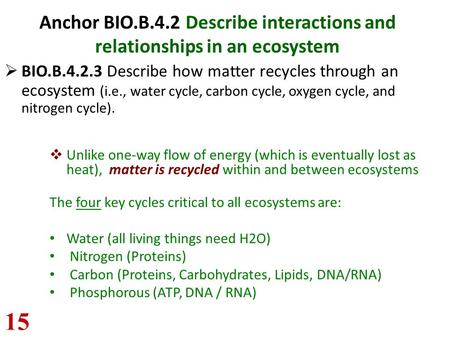 Anchor BIO.B.4.2 Describe interactions and relationships in an ecosystem  BIO.B.4.2.3 Describe how matter recycles through an ecosystem (i.e., water cycle,