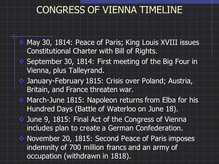 CONGRESS OF VIENNA TIMELINE May 30, 1814: Peace of Paris; King Louis XVIII issues Constitutional Charter with Bill of Rights. September 30, 1814: First.