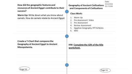 Page 51 Geography of Ancient Civilizations and Components of Civilizations Page 50 Warm Up: Write down what you know about camels. How do camels relate.