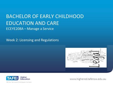 TAFE NSW -Technical and Further Education Commission www.highered.tafensw.edu.au BACHELOR OF EARLY CHILDHOOD EDUCATION AND CARE ECEYE208A – Manage a Service.