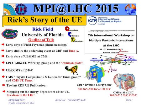 ICTP Trieste, November 23, 2015 Rick Field – Florida/CDF/CMSPage 1 Outline of Talk CMS at the LHC CDF “Tevatron Energy Scan” 300 GeV, 900 GeV,