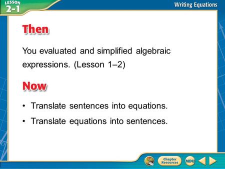 You evaluated and simplified algebraic expressions. (Lesson 1–2)