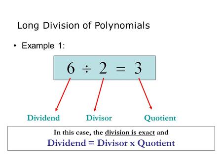 In this case, the division is exact and Dividend = Divisor x Quotient