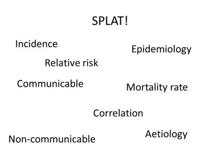 SPLAT! Incidence Mortality rate Correlation Communicable Non-communicable Epidemiology Aetiology Relative risk.