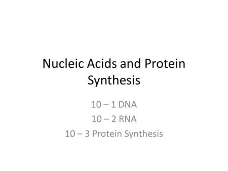 Nucleic Acids and Protein Synthesis 10 – 1 DNA 10 – 2 RNA 10 – 3 Protein Synthesis.