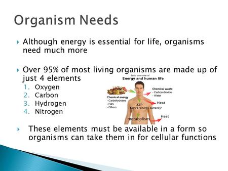  Although energy is essential for life, organisms need much more  Over 95% of most living organisms are made up of just 4 elements 1.Oxygen 2.Carbon.