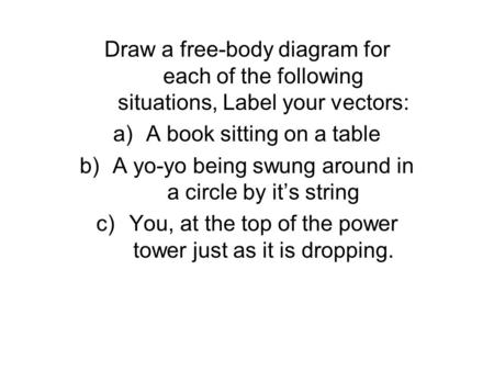Draw a free-body diagram for each of the following situations, Label your vectors: a)A book sitting on a table b)A yo-yo being swung around in a circle.