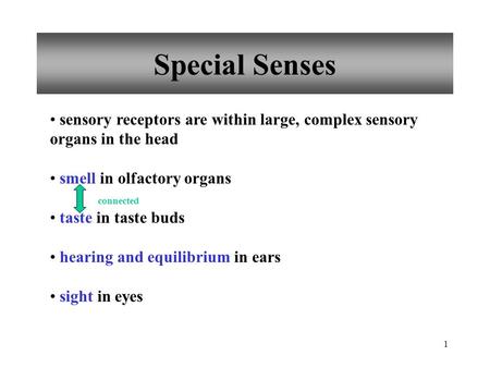 1 Special Senses sensory receptors are within large, complex sensory organs in the head smell in olfactory organs taste in taste buds hearing and equilibrium.