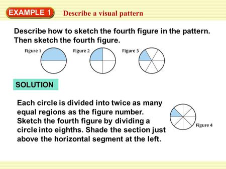 EXAMPLE 1 Describe a visual pattern Describe how to sketch the fourth figure in the pattern. Then sketch the fourth figure. SOLUTION Each circle is divided.