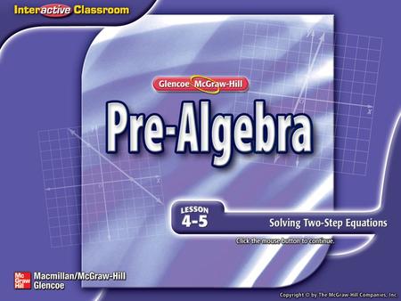 Splash Screen. Lesson Menu Five-Minute Check (over Lesson 4–4) Then/Now New Vocabulary Example 1:Solve a Two-Step Equation Example 2:Solve a Two-Step.