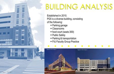 BUILDING ANALYSIS Established in 2010. PG5 is a diverse building, consisting of the following:  Parking garage  Classrooms  food court (seats 300) 