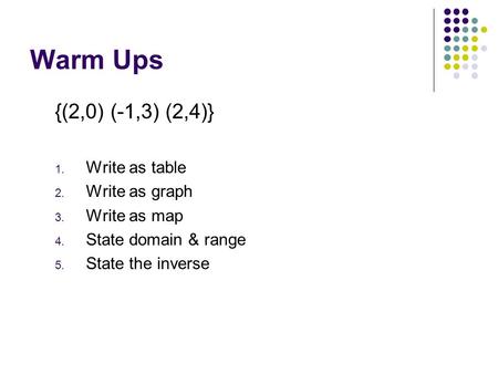 Warm Ups {(2,0) (-1,3) (2,4)} 1. Write as table 2. Write as graph 3. Write as map 4. State domain & range 5. State the inverse.