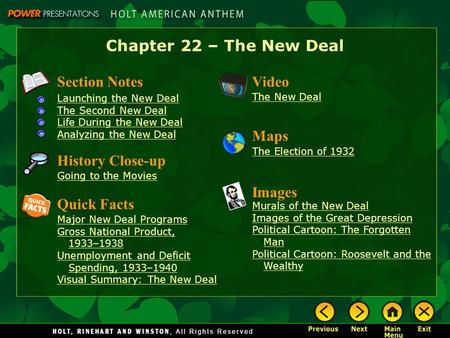 Chapter 22 – The New Deal Section Notes Launching the New Deal The Second New Deal Life During the New Deal Analyzing the New Deal Video The New Deal Images.