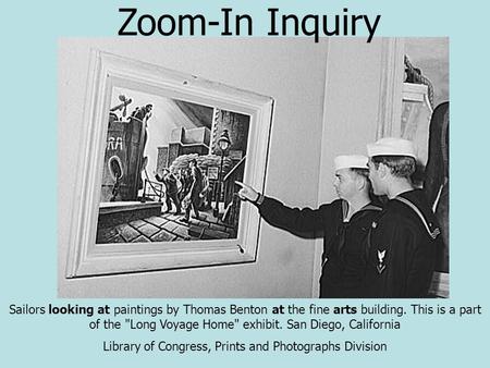 Sailors looking at paintings by Thomas Benton at the fine arts building. This is a part of the Long Voyage Home exhibit. San Diego, California Library.