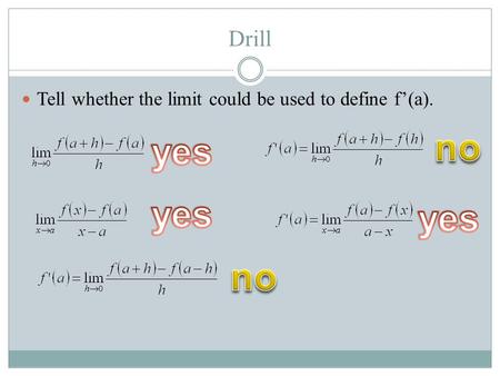 Drill Tell whether the limit could be used to define f’(a).