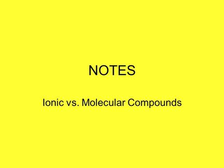 NOTES Ionic vs. Molecular Compounds. AKA Salts Formula units Molecular compounds Molecules IONIC / IONIC COVALENT / MOLECULAR.