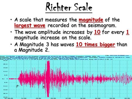 Richter Scale A scale that measures the magnitude of the largest wave recorded on the seismogram.A scale that measures the magnitude of the largest wave.