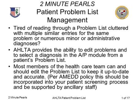 2 Minute Pearls AHLTA Patient Problem List 1 of 17 2 MINUTE PEARLS Patient Problem List Management Tired of reading through a Problem List cluttered with.