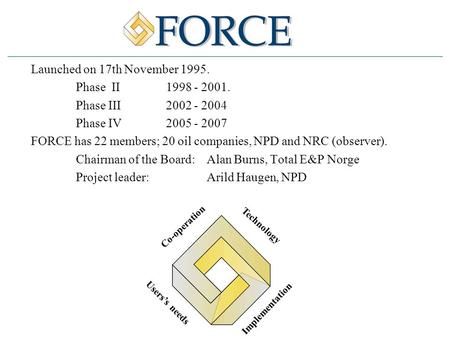 Launched on 17th November 1995. Phase II 1998 - 2001. Phase III2002 - 2004 Phase IV 2005 - 2007 FORCE has 22 members; 20 oil companies, NPD and NRC (observer).