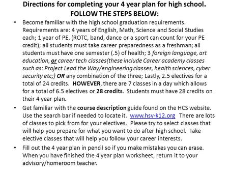 Directions for completing your 4 year plan for high school. FOLLOW THE STEPS BELOW: Become familiar with the high school graduation requirements. Requirements.