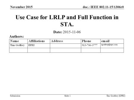 Doc.: IEEE 802.11-15/1306r0 Submission November 2015 Tim Godfrey (EPRI)Slide 1 Use Case for LRLP and Full Function in STA. Date: 2015-11-06 Authors: