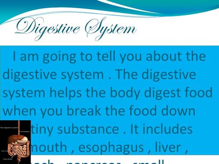 Digestive System I am going to tell you about the digestive system. The digestive system helps the body digest food when you break the food down into tiny.