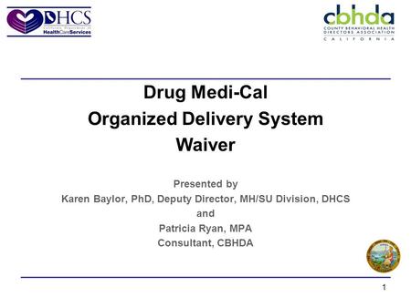 1 Drug Medi-Cal Organized Delivery System Waiver Presented by Karen Baylor, PhD, Deputy Director, MH/SU Division, DHCS and Patricia Ryan, MPA Consultant,