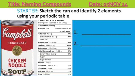 STARTER: Sketch the can and identify 2 elements using your periodic table Title: Naming Compounds Date: 05NOV 14 1.__________________ 2. ___________________.