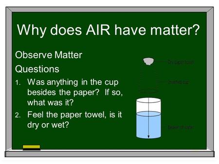 Why does AIR have matter? Observe Matter Questions  Was anything in the cup besides the paper? If so, what was it?  Feel the paper towel, is it dry.
