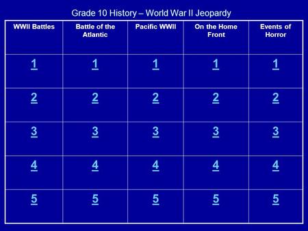 Grade 10 History – World War II Jeopardy