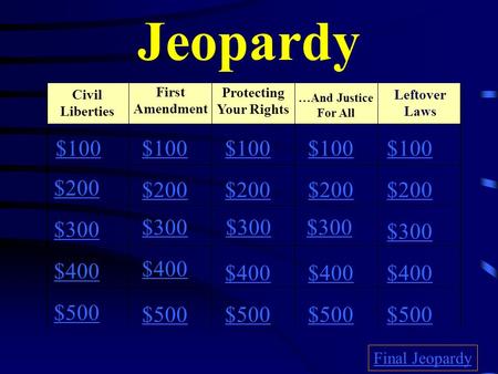 Jeopardy Civil Liberties Protecting Your Rights …And Justice For All Leftover Laws $100 $200 $300 $400 $500 $100 $200 $300 $400 $500 Final Jeopardy First.