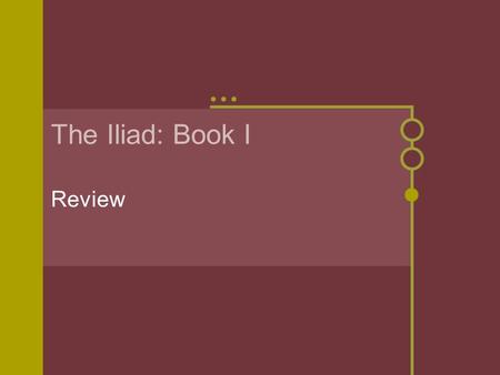The Iliad: Book I Review. Characters Agamemnon- Menelaos’s brother (from the Legend of Helen); Started Trojan War; King of Achaians Achilles- Great Achaian.