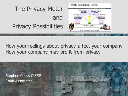 How your feelings about privacy affect your company How your company may profit from privacy The Privacy Meter and Privacy Possibilities Stephen Cobb,