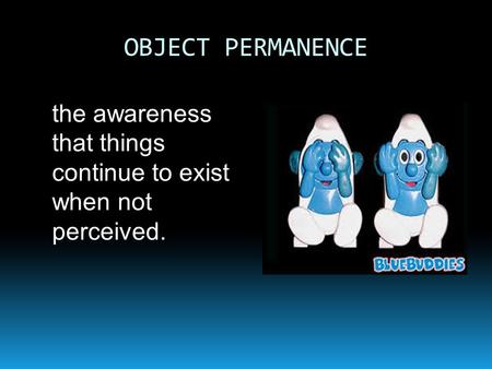 OBJECT PERMANENCE the awareness that things continue to exist when not perceived.