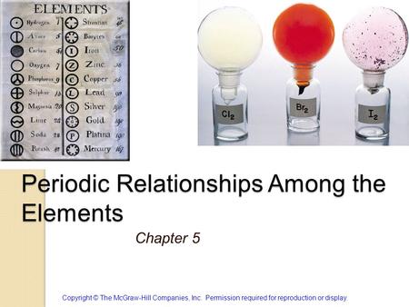 Periodic Relationships Among the Elements Chapter 5 Copyright © The McGraw-Hill Companies, Inc. Permission required for reproduction or display.