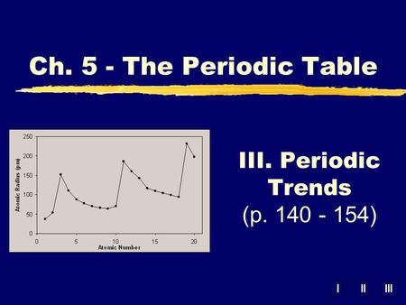 IIIIII III. Periodic Trends (p. 140 - 154) Ch. 5 - The Periodic Table.