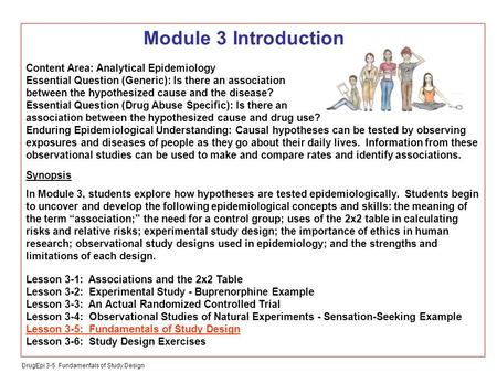 DrugEpi 3-5 Fundamentals of Study Design Module 3 Introduction Content Area: Analytical Epidemiology Essential Question (Generic): Is there an association.