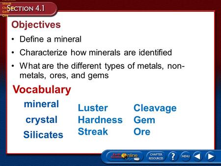 Vocabulary Objectives mineral Luster Cleavage Hardness Gem crystal