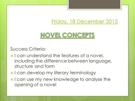 Friday, 18 December 2015. Novel Concepts  Match the term to the definition  For each feature, identify whether it is primarily an aspect of language,