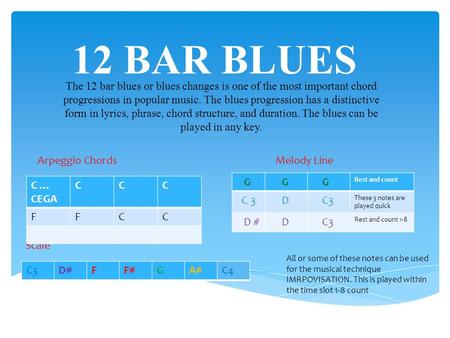 12 BAR BLUES The 12 bar blues or blues changes is one of the most important chord progressions in popular music. The blues progression has a distinctive.