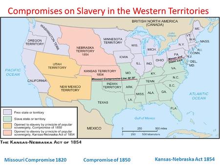 Compromises on Slavery in the Western Territories Missouri Compromise 1820 Compromise of 1850 Kansas-Nebraska Act 1854.