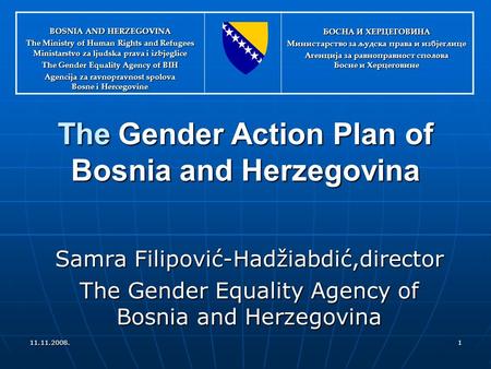 11.11.2008.1 BOSNA I HERCEGOVINA Ministarstvo za ljudska prava i izbjeglice Agencija za ravnopravnost spolova Bosne i Hercegovine The Gender Action Plan.