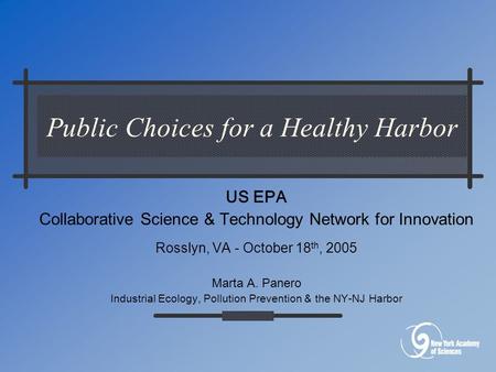 Public Choices for a Healthy Harbor US EPA Collaborative Science & Technology Network for Innovation Rosslyn, VA - October 18 th, 2005 Marta A. Panero.